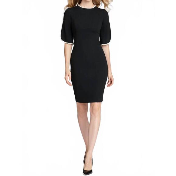NEW TERI JON short sleeve pearl trim crepe sheath dress in black with pearl trim